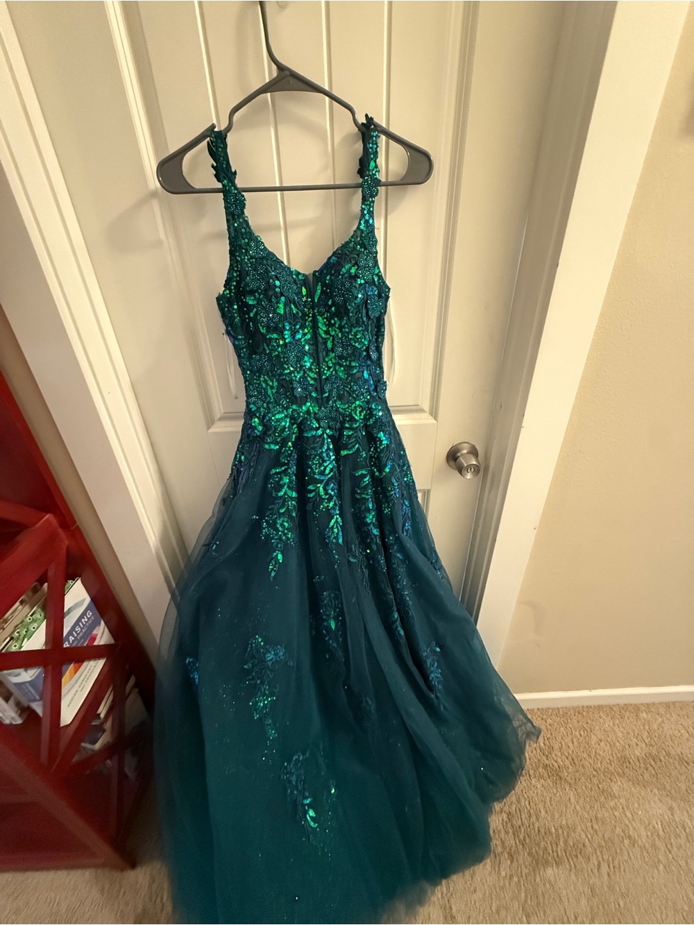 Emerald Teal Sequin Prom Gown with Tulle Skirt